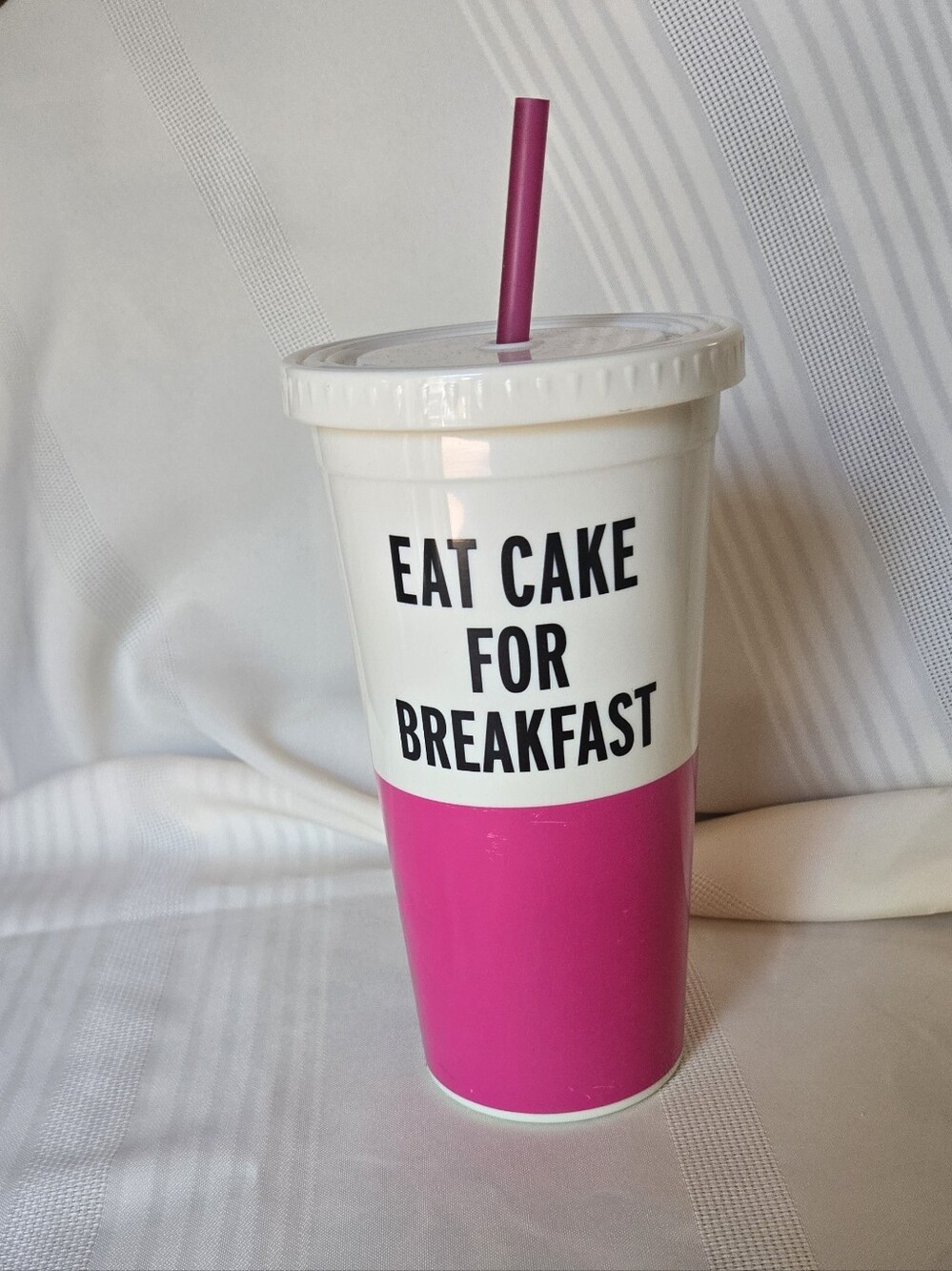 Kate Spade White and Pink 'Eat Cake For Breakfast' Tumbler with Straw